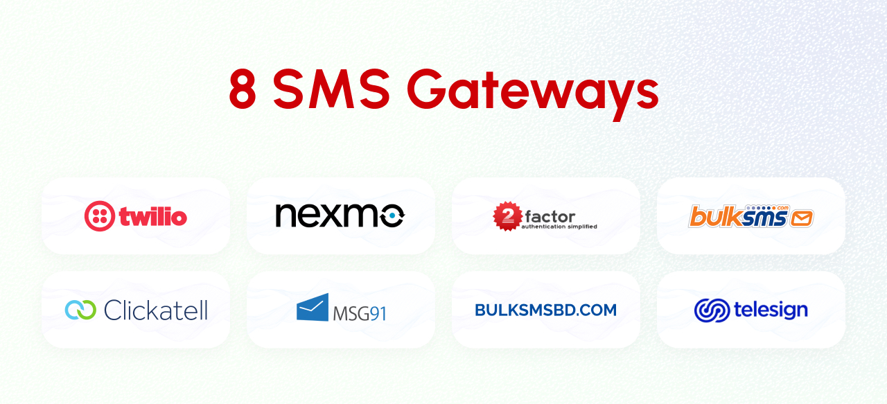 Tiffinking have Twilio, nexmo, bulk sms, clickatell, msg91