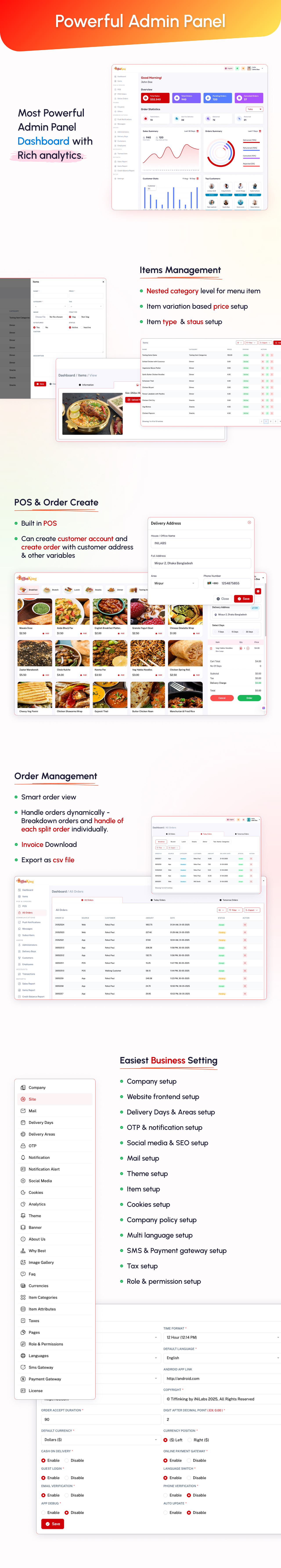 Responsive User Interface, menu item page, category, cart, order details, item variation